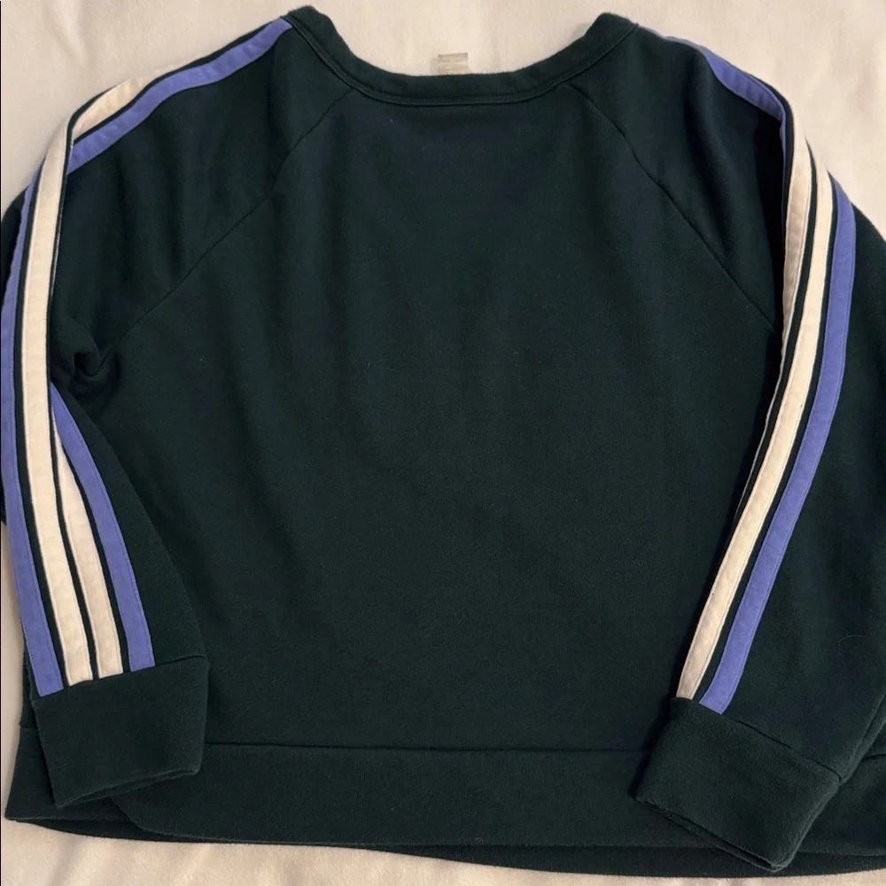 Lou & Grey XS Cropped Sweatshirt Dark Green Blue Stripe Sleeve Pullover LOFT - Picture 7 of 9